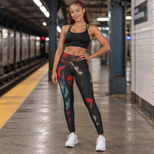 Load image into Gallery viewer, Dragon Floral Leggings — Black & Red Rose Print Yoga Tights