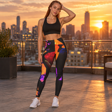 Load image into Gallery viewer, Floral Neon Yoga Leggings — Bold Purple &amp; Orange All-Over Print
